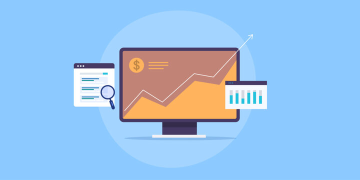 Web traffic growth on computer screen, website ranking on search page, conversion data analytics on dashboard. Digital marketing and advertising concept. Vector illustration.