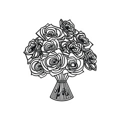 Hand drawn Roses bouquet. Line art for adult coloring book style. Vector illustration for coloring page.  outline Vector