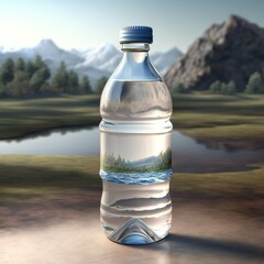 Fresh bottle of water in front of a mountain lake