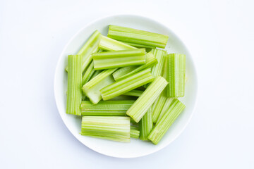 Fresh celery on white background. Top view