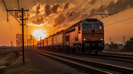 train on rail in sunset