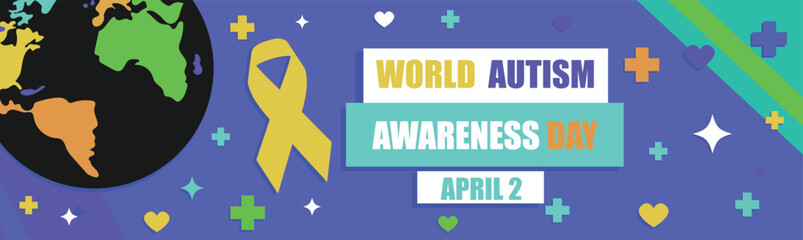 World Autism Awareness Day  horizontal vector banner design with geometric shapes, ribbon icon, planet earth illustration and typography on a colorful background.