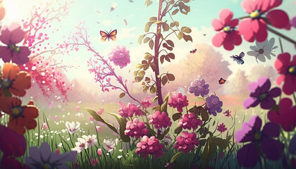 Flowers and butterflies in the garden. Aesthetic background. Vector illustration. Generative AI