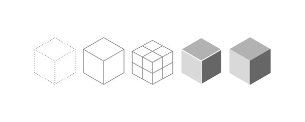 Set of grey cubes. Set of 3d cube symbols on white background. Vector Illustration.  