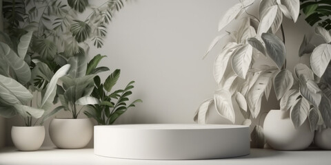 white podium for whitening beauty skincare products display backdrop, templates with natural green leaves plant twig, sunlight and foliages leaves shadow. Floor, Space, Shadow Generative AI