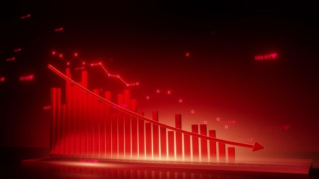3d red bar graph fall down following the arrow, 4k resolution