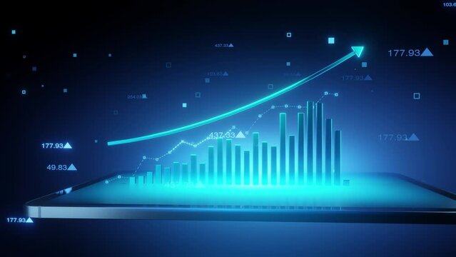 3d bar graph chart with up arrow on tablet.