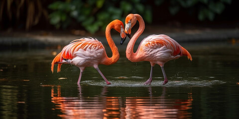 A pair of pink flamingos making a heart shape in reflection pond Generative AI