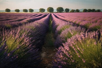 Fototapeta na wymiar beautiful lavender field with tall trees in the background. Generative AI
