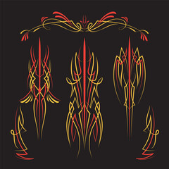 Set Pinstriping art red and yellow color design vintage hand drawn