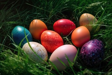 colorful Easter eggs scattered on green grass. Generative AI