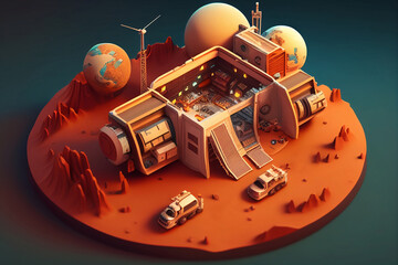 Isometric buildings on the Mar planet. Generative AI.