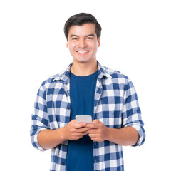 lifestyle Asian man feel happy using smartphone shopping online and online banking isolated on white background with copy space , business concept