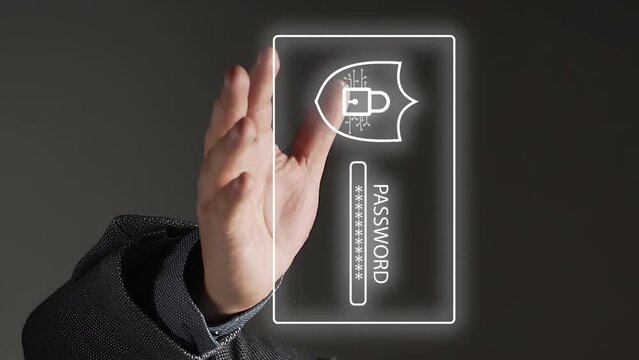 Hand holding digital password animation for save security in internet, close up vertical