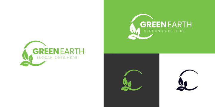 nature globe and earth leaf logo icon design, circle Earth with plant graphic element, symbol, sign for green Earth Day concept logo template