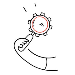 hand drawn doodle person holding magnifying glass with gear cog illustration