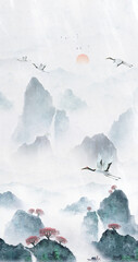 Chinese style blue background landscape illustration