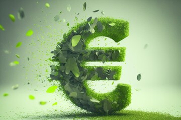 A green euro sign made of falling leaves against a background, perfect for eco-friendly or financial concepts. Ai generative.