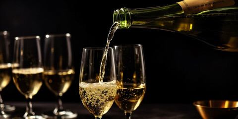 Fototapeta na wymiar Champagne pouring from bottle into glasses Generative AI