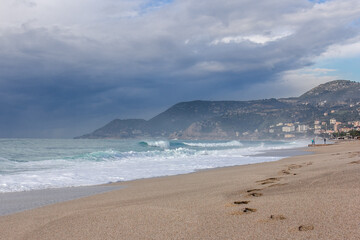 Big storm waves of Mediterranean sea on Alanya beach Turkey coast