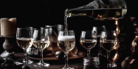 Champagne pouring from bottle into glasses Generative AI