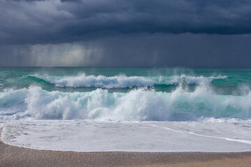 Big storm waves of Mediterranean sea on Alanya beach Turkey coast