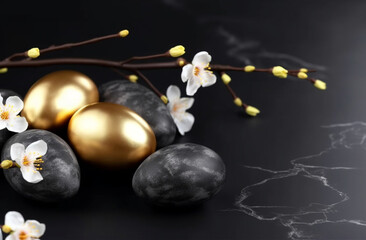 A gold easter egg and a gold leaf on a black background  Generative ai