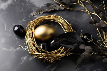 Obraz premium A gold easter egg and a gold leaf on a black background Generative ai