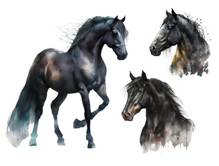 Watercolor black horse. Generative ai, PNG transparent