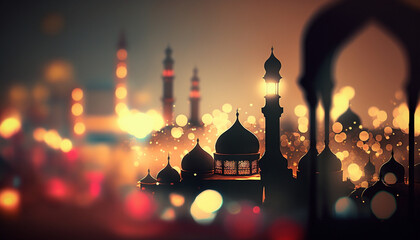 Mosque with bokeh. Islamic prayer times. Vector illustration. Generative AI