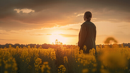 Fototapeta premium Lady in the flower field at sunset