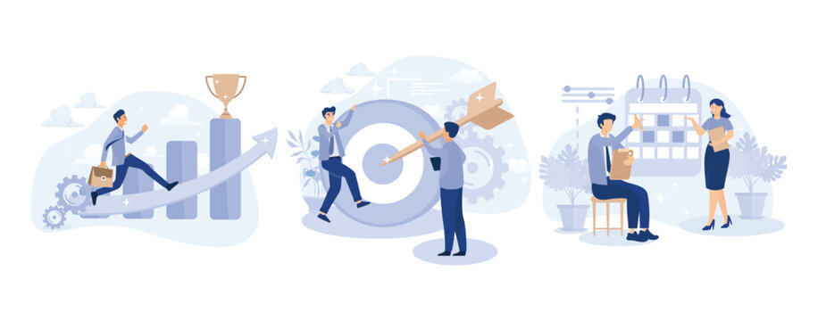 Setting big goal concept, Business ambition, focus on success, self-organization ability, training personal skill, leadership, making fast career, set flat vector modern illustration 