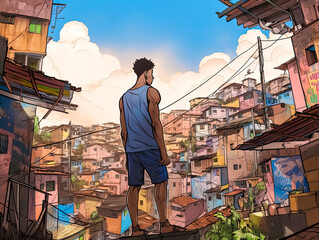 Obraz premium boy standing on roof top indian slam, lofi girl style art A calming lo-fi art scene, , Lofi, studying and chill, relaxing, AI generative