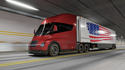 Electric Semi-Trailer Truck driving through a tunnel 3D-render