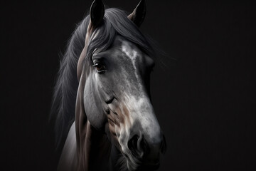 Beautiful black horse portrait on black background