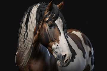 Naklejka na ściany i meble Beautiful pinto horse portrait on black background