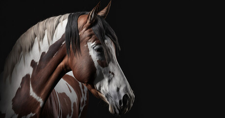 Beautiful pinto horse portrait on black background - obrazy, fototapety, plakaty