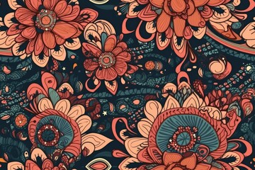 vibrant floral pattern in shades of blue and red. Generative AI