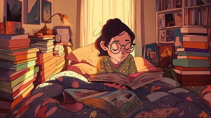 woman reading book in bed A calming lo-fi art scene depicting an Eurasian girl reading books , Lofi, studying and chill, relaxing, AI generative