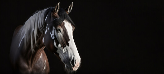 Beautiful pinto horse portrait on black background - obrazy, fototapety, plakaty
