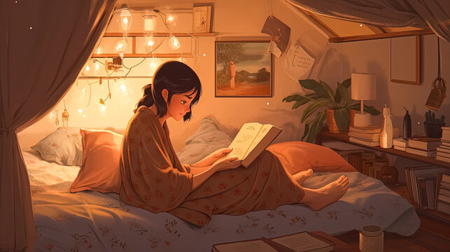 woman reading book in bed A calming lo-fi art scene depicting an Eurasian girl reading books , Lofi, studying and chill, relaxing, AI generative