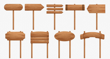 Realistic set of wooden sign posts isolated on transparent background. Vector illustration of blank square, round, rectangular signboards with arrows pointing direction or name. Game ui design element