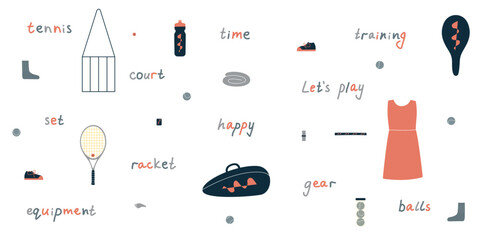 Flat vector illustration in childish style. Hand drawn tennis gear and equipment, racket, balls