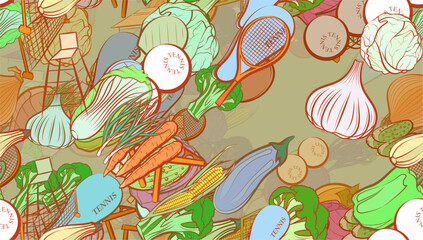 Background pattern abstract design texture. Seamless. Tennis and Health food. Theme is about vegetable, garlic head, egg, chair, red cabbage, glare, Caucasian, case, white, the harvest, pinch - obrazy, fototapety, plakaty