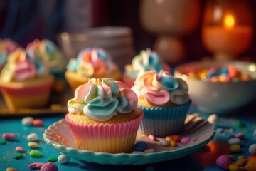 Fototapeta na wymiar Whimsical Rainbow Cupcakes on a Rainbow Candy Land Fantasy background - Generative AI Illustration 