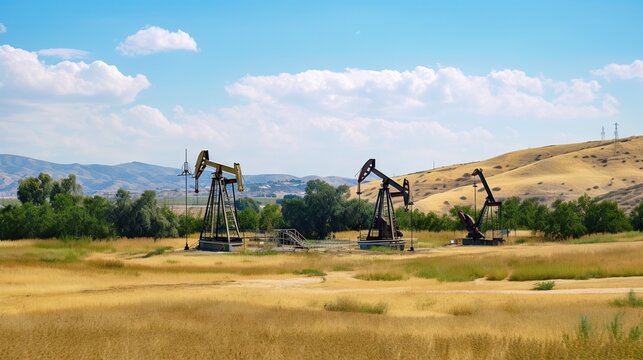Oil pump on on hills landscape. Oil pumps. Generative AI