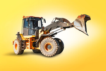 Large wheel loader or bulldozer with bucket raised. Construction equipment. Element for design. Transportation and movement of bulk materials. Excavation.