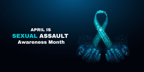 Sexual assault awareness day concept. Two human hands are holds teal ribbon awareness. Wireframe glowing low poly. Vector illustration