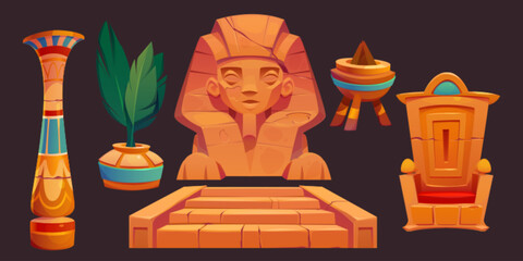 Tutankhamen throne, and stairs ancient Egypt set. Pharaoh temple interior elements for civilization game ui interface on dark background. Archeology cartoon sculpture, column and plant collection.