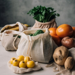 Fresh vegetables in eco cotton bags on the table in the kitchen. lettuce, corn, potatoes, apricots, bananas, rocket, mushrooms from the market. zero waste shopping concept. ban plastic